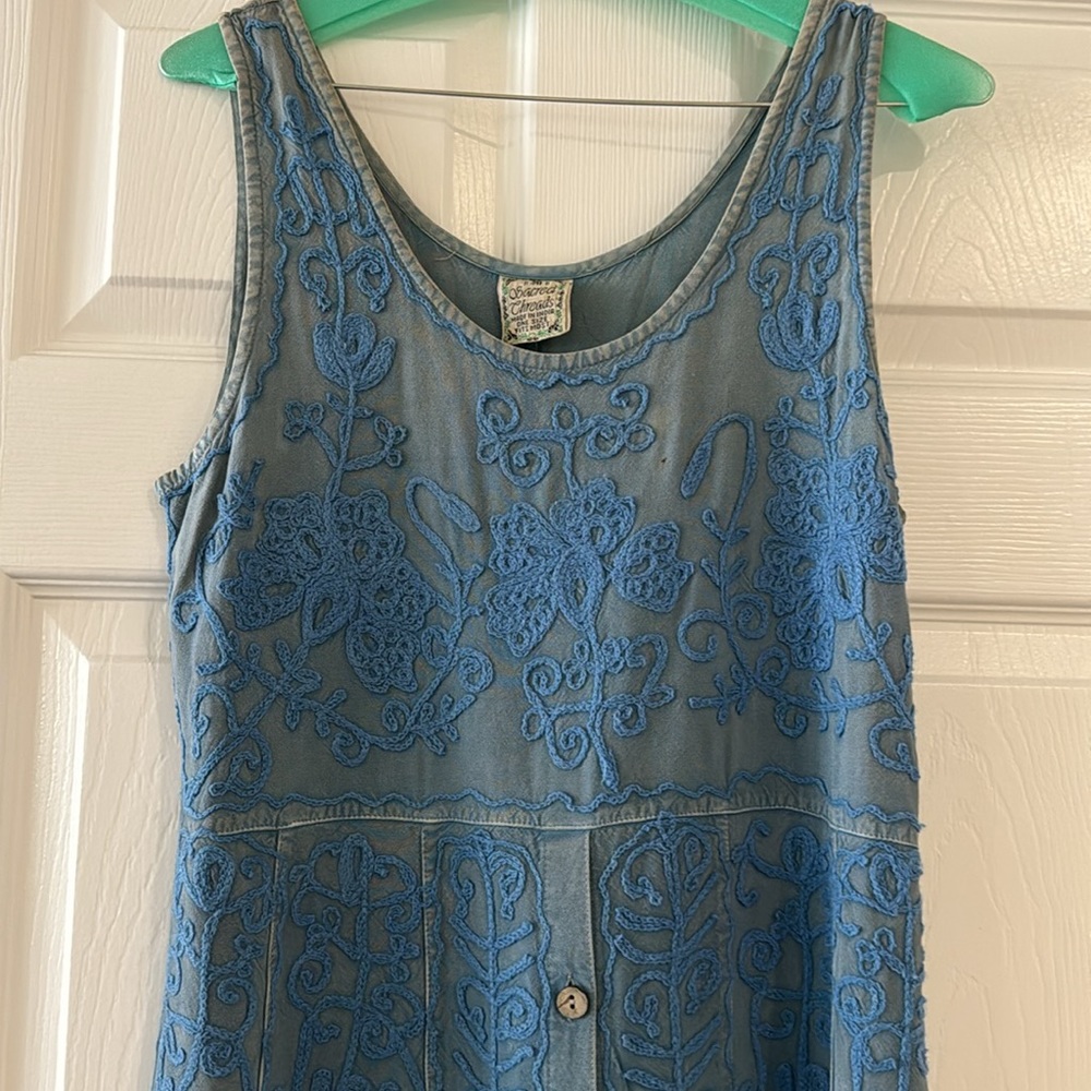 Denim like embroidered sleeveless dress with buttons down front. - Picture 2 of 4